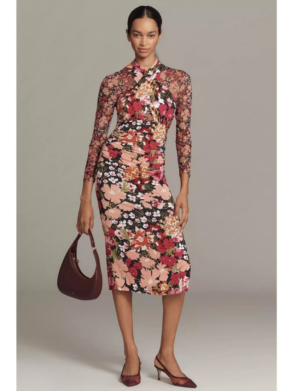 By Anthropologie Size S Long Sleeve Halter Mesh Midi Dress Floral Bodycon Ruched